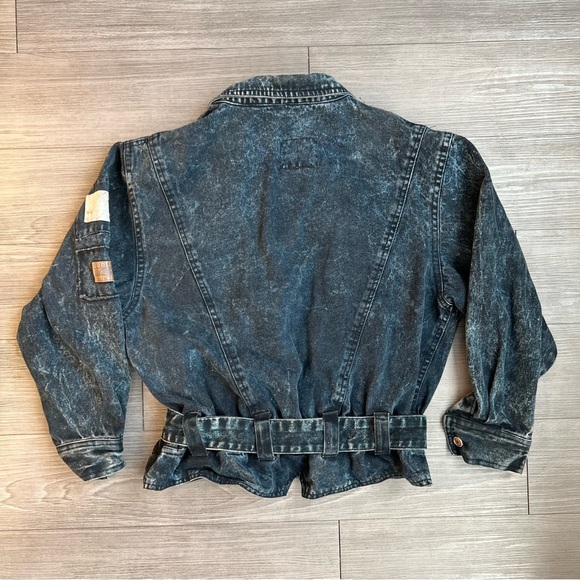 Vintage 80s Bugle Boy Black Acid Wash Distressed Denim Belted Jacket Size L - Picture 6 of 6